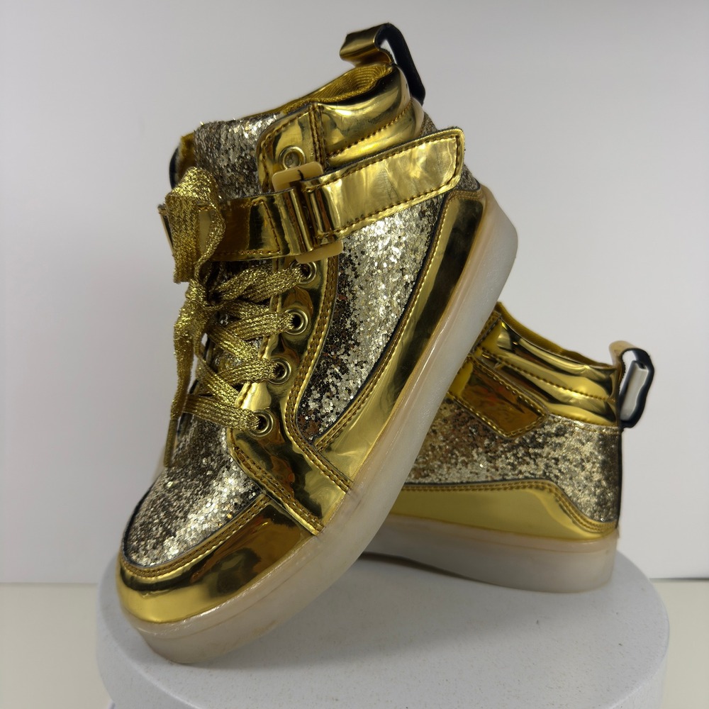 Girls Sneakers Glitter High Top Strap Lace Up Gold Size US 3